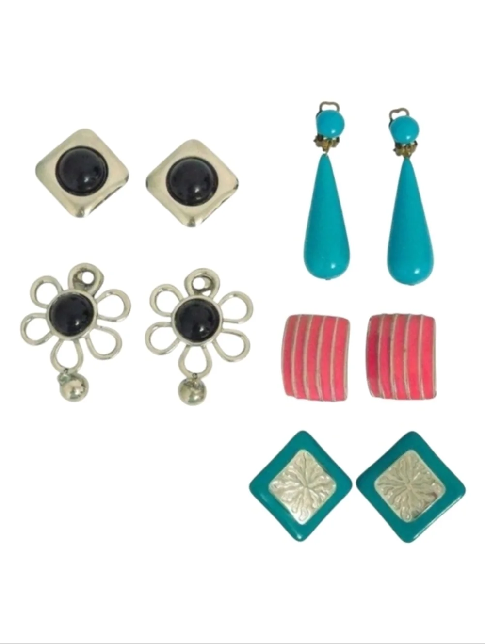 Vintage Clip Earring Lot (Set of 5)- Black, Silver, Blue,‎ Green, Pink